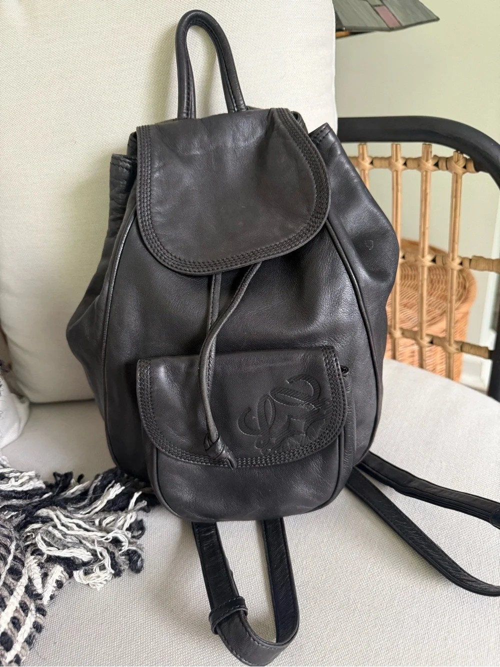 Loewe Vintage Black Nappa Leather Anagram Drawstring Backpack Made in Spain